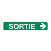 Etiquette de signalisation évacuation étroite adhésive avec inscription SORTIE, flèche à droite pour BAES