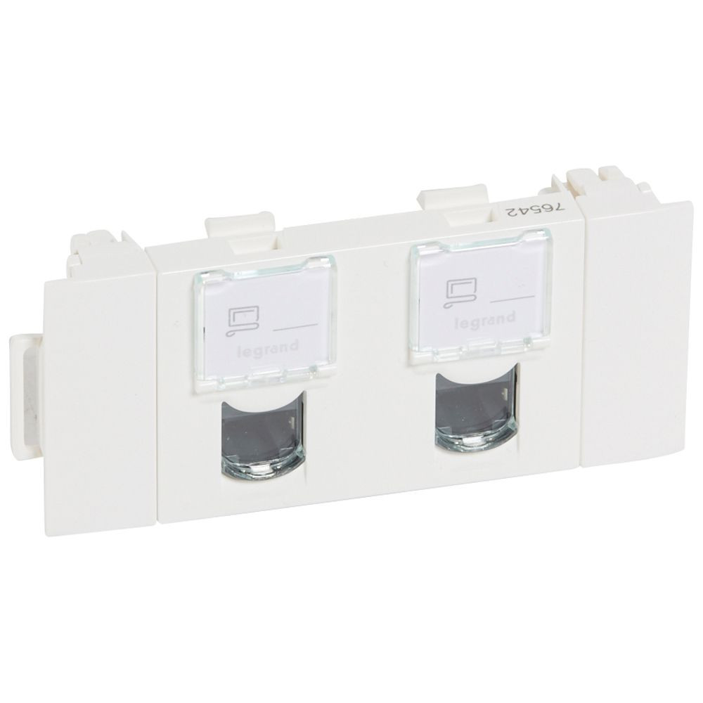 Double prise RJ45 catégorie 5e FTP spéciale goulotte Mosaic à clippage direct 3 modules - blanc