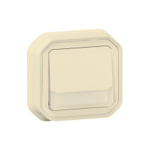 Poussoir NO-NF lumineux porte-étiquette avec voyant étanche Plexo 10A IP55 IK08 livré complet fixation encastré - sable