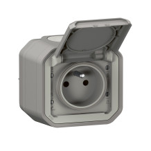 Prise de courant 2P+T étanche Plexo 16A 250V IP55 IK08 livrée complète pour fixation saillie - gris