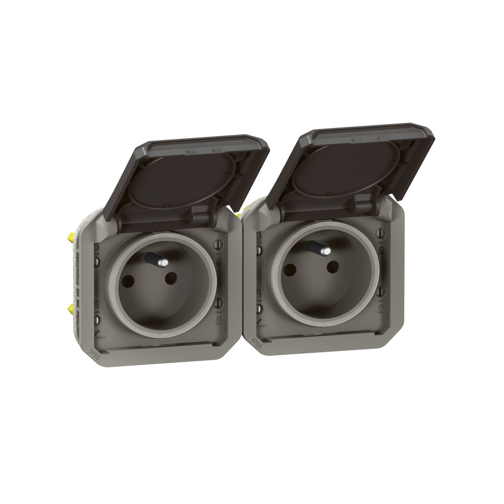 Double prise de courant précâblée 2x2P+T horizontale étanche Plexo 16A 250V IP55 2 postes avec enjoliveurs anthracite