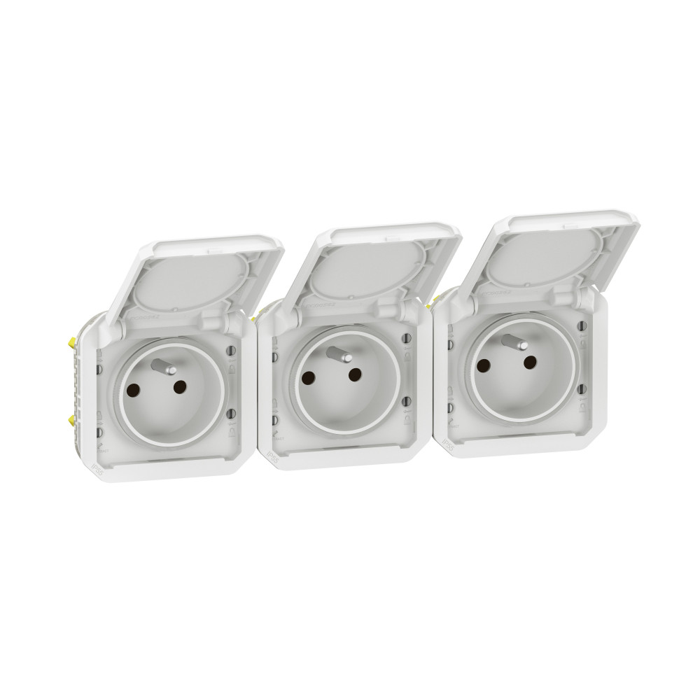 Triple prise de courant précâblée 3x2P+T horizontale étanche Plexo 16A 250V IP55 3 postes avec enjoliveurs blanc