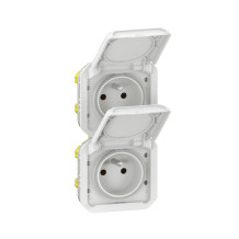 Double prise de courant précâblée 2x2P+T verticale étanche Plexo 16A 250V IP55 2 postes avec enjoliveurs blanc