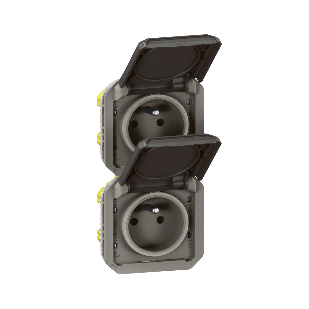 Double prise de courant précâblée 2x2P+T verticale étanche Plexo 16A 250V IP55 2 postes avec enjoliveurs anthracite