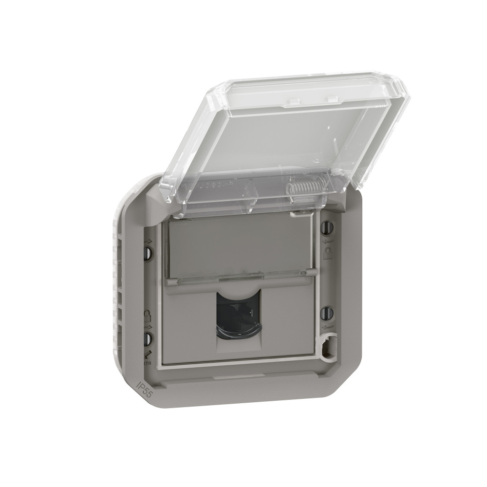 Prise informatique RJ45 catégorie 6A STP étanche à volet Plexo IP55 avec enjoliveur finition gris