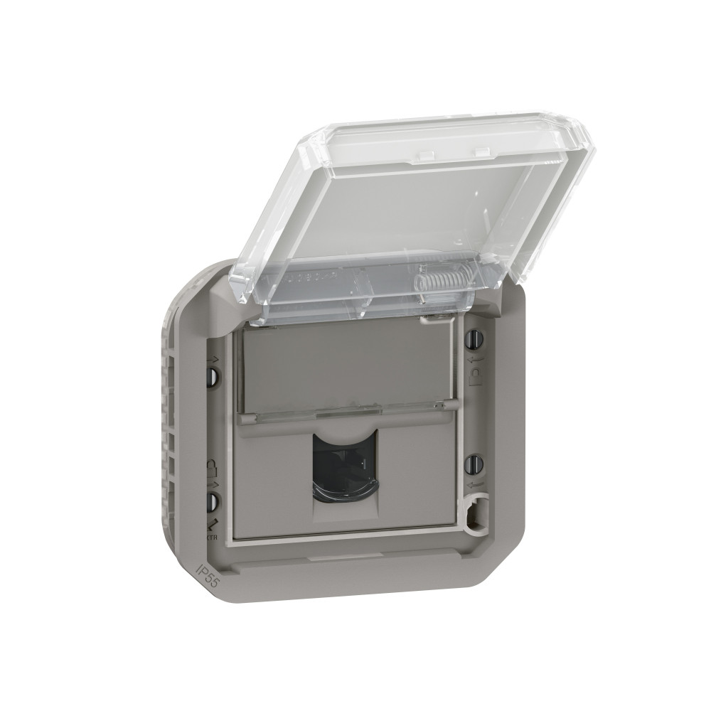 Prise informatique RJ45 catégorie 6 FTP étanche à volet Plexo IP55 avec enjoliveur finition gris